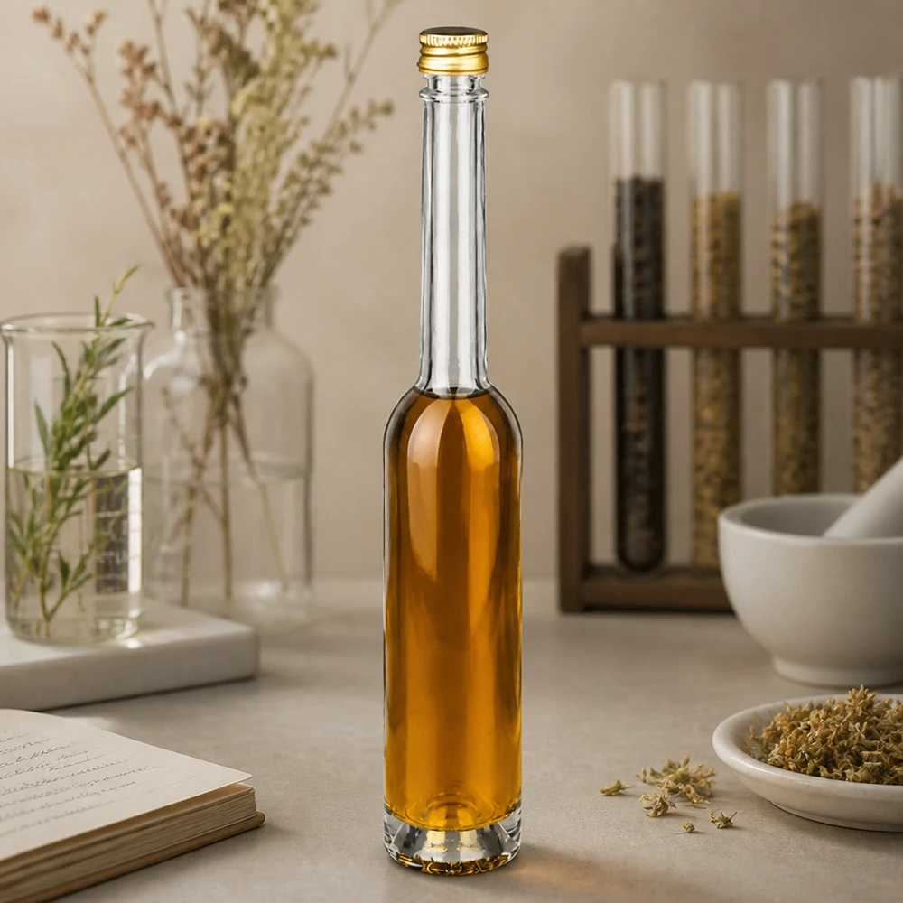 Bottiglia in vetro da 100 ml Toni con tappo a vite argento UNiTWIST® 100ml Glasflasche Toni mit bernsteinfarbener Flüssigkeit in apotheker-inspiriertem Ambiente - UNiTWIST Goldverschluss