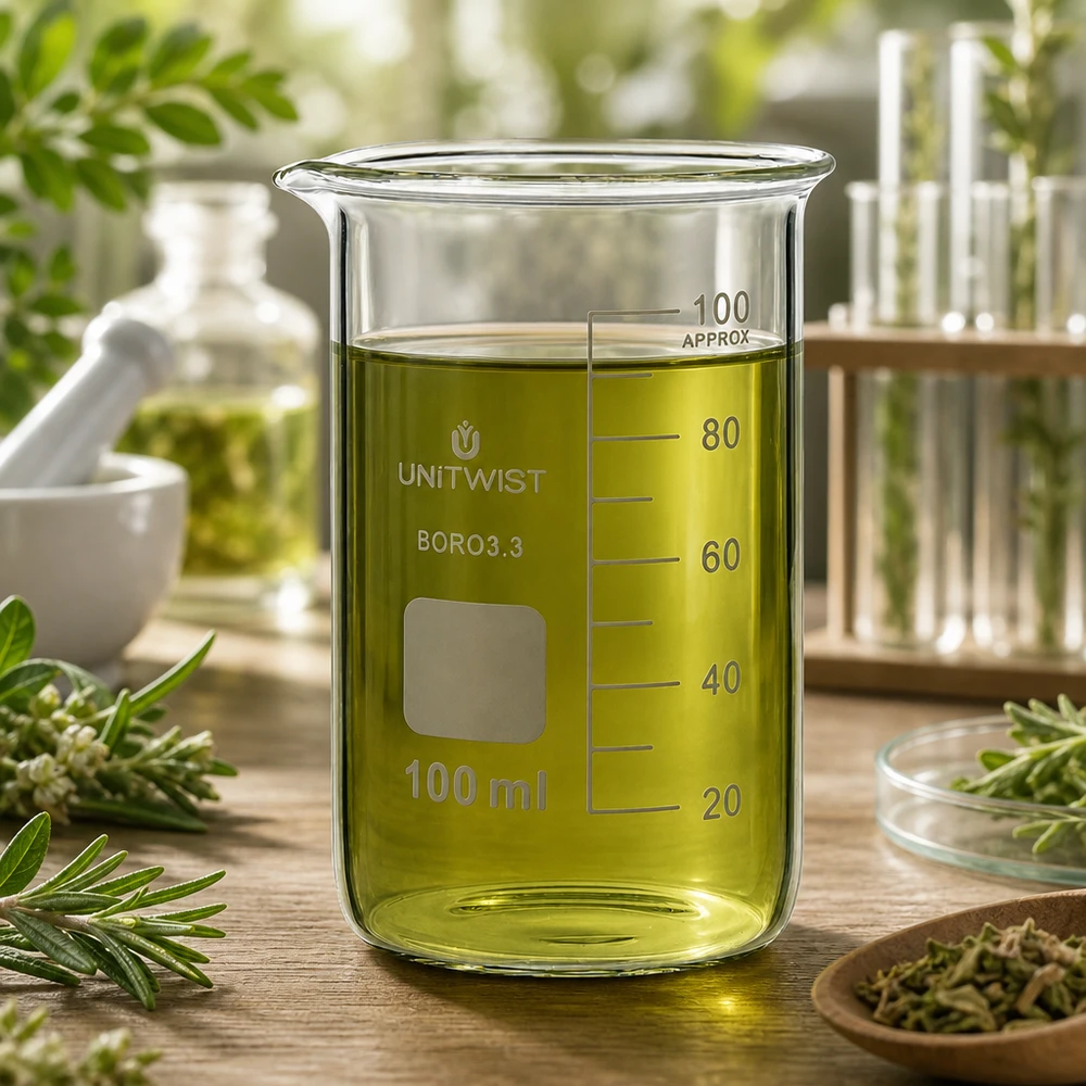 UNITWIST Bicchiere da 100 ml, forma alta, in borosilicato, con olio alle erbe verde circondato da erbe medicinali fresche