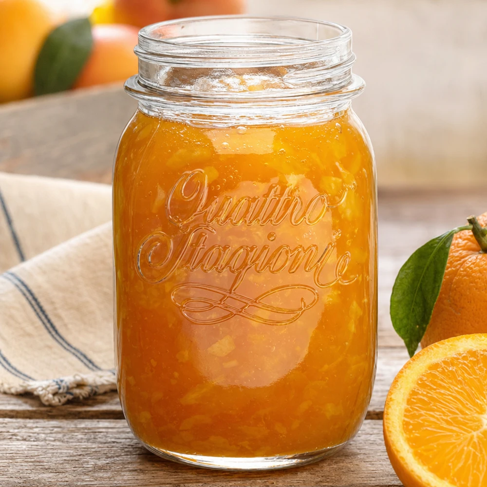 Vaso domestico "Quattro Stagioni" da 500 ml Barattolo casalingo Quattro Stagioni da 500 ml pieno di marmellata di arance accanto ad arance fresche su un tavolo di legno
