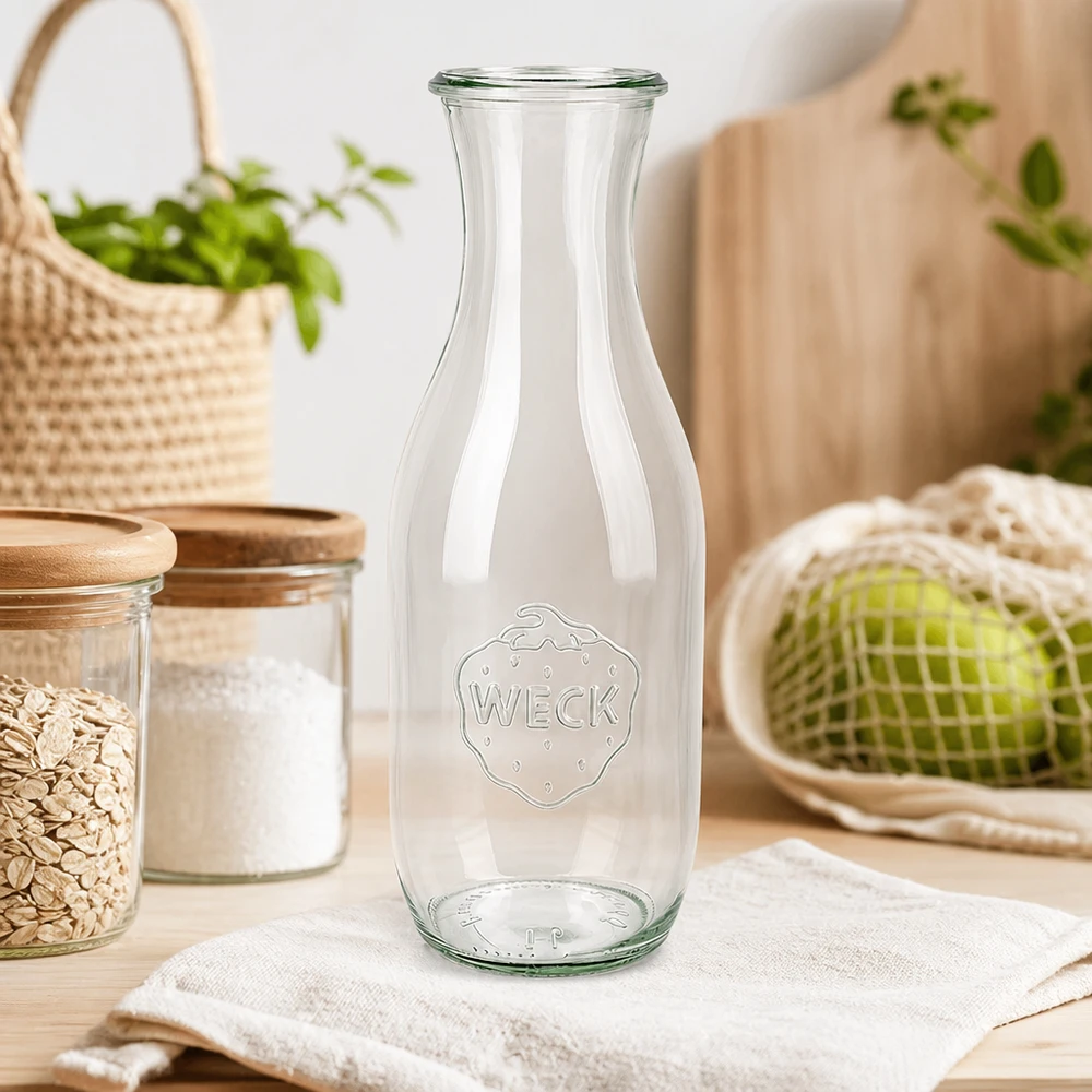 Bottiglia di succo WECK 1062ml RR60 su panno bianco in cucina sostenibile con barattoli di stoccaggio e verdure biologiche