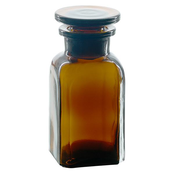 Bottiglia quadrata 100ml marrone a collo largo, tappo in vetro