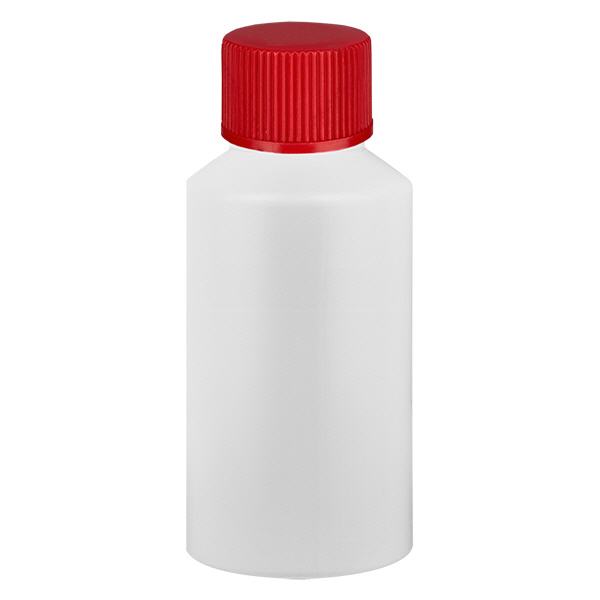 Flacone farmaceutico HDPE 50ml bianco, con tappo rosso SV
