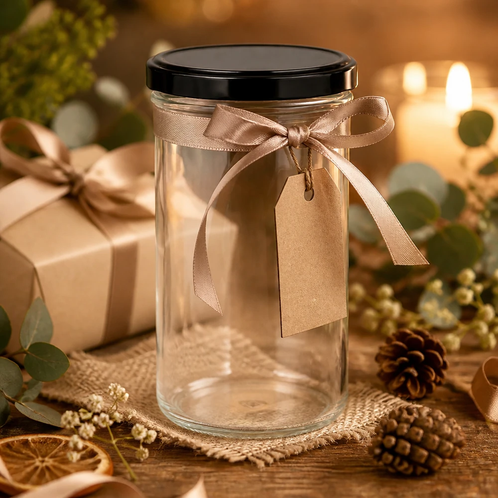 Bicchieri da 277 ml con coperchio BasicSeal nero UNiTWIST. 277ml tumbler come confezione regalo con fiocco marrone e tag decorazione natalizia vaso regalo vuoto