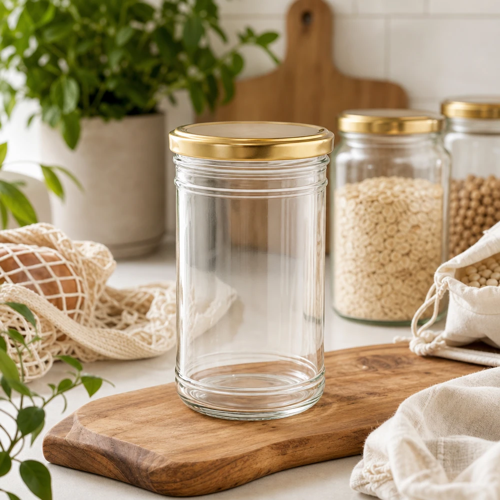 Bicchieri da 1053 ml con coperchio BasicSeal oro UN... Barattolo di vetro vuoto da 1053 ml con coperchio dorato su tavola di legno in una cucina sostenibile a rifiuti zero con vasi di stoccaggio