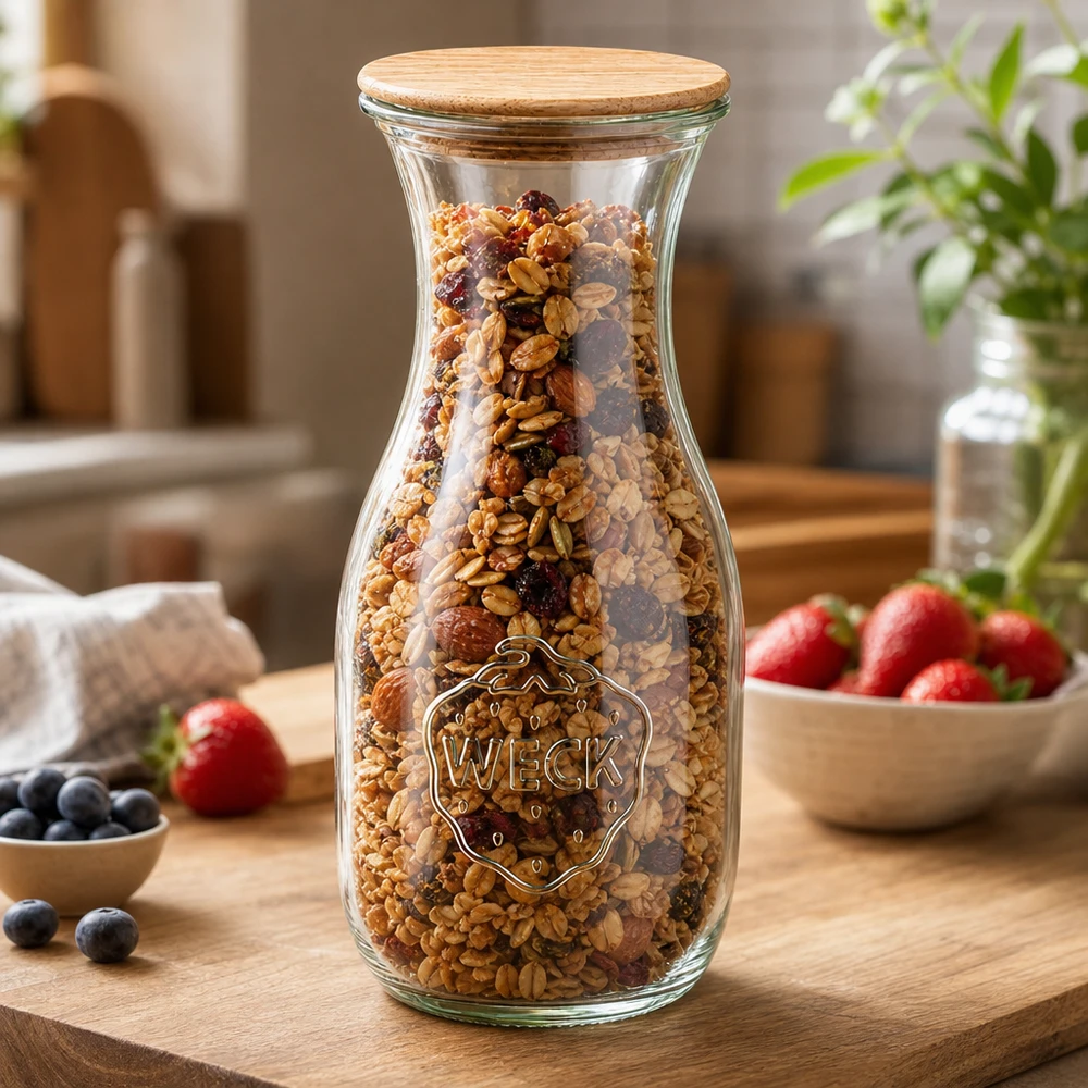 Bottiglia di succo WECK 530ml RR60 riempita con muesli e noci come barattolo di conservazione con coperchio in legno su tavola di legno