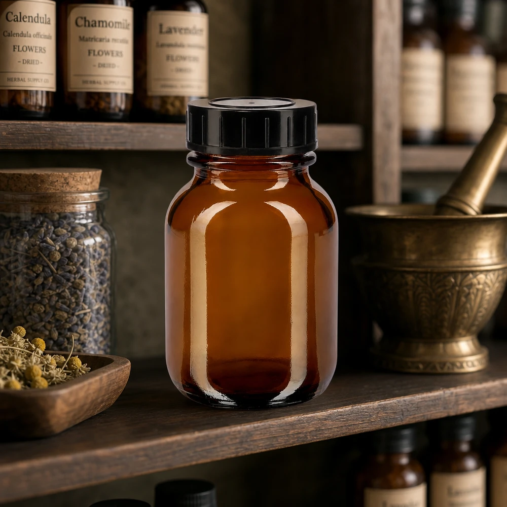 Bottiglia a collo largo da 50ml in vetro ambrato con tappo a vite Flacone in vetro ambrato di alta qualità da 50 ml con profilo a collo largo per applicazioni farmaceutiche e cosmetiche