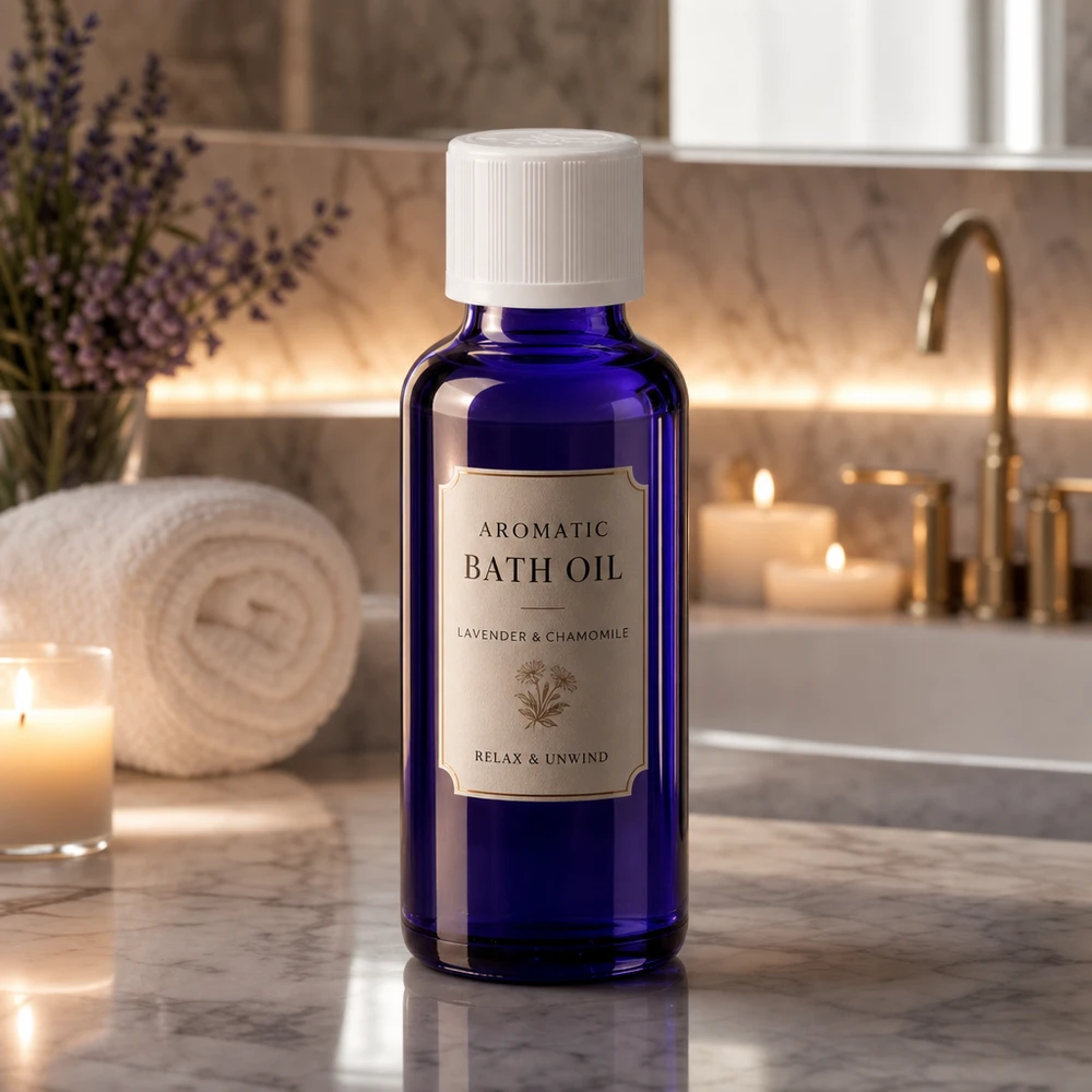 Bottiglia da farmacia blu da 30 ml. SV STD KiSi bianco/11mm ApoGlas Flacone da farmacia blu da 30 ml per olio da bagno alla lavanda e camomilla in un ambiente da bagno
