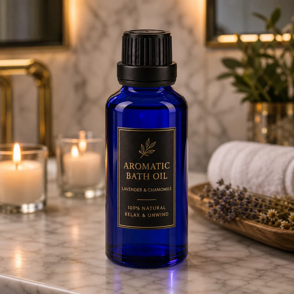 Bottiglia da farmacia blu da 30ml. SV OV nero/11mm ApoGlas Piccolo flacone da farmacia da 30 ml, di colore blu cobalto, con tappo a vite, per l'olio da bagno alla lavanda e camomilla