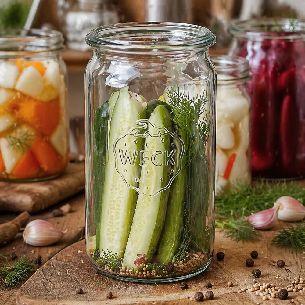 Il vaso cilindrico WECK da 340 ml RR60 con cetrioli e aneto sottaceto mostra un uso versatile per la conservazione delle verdure