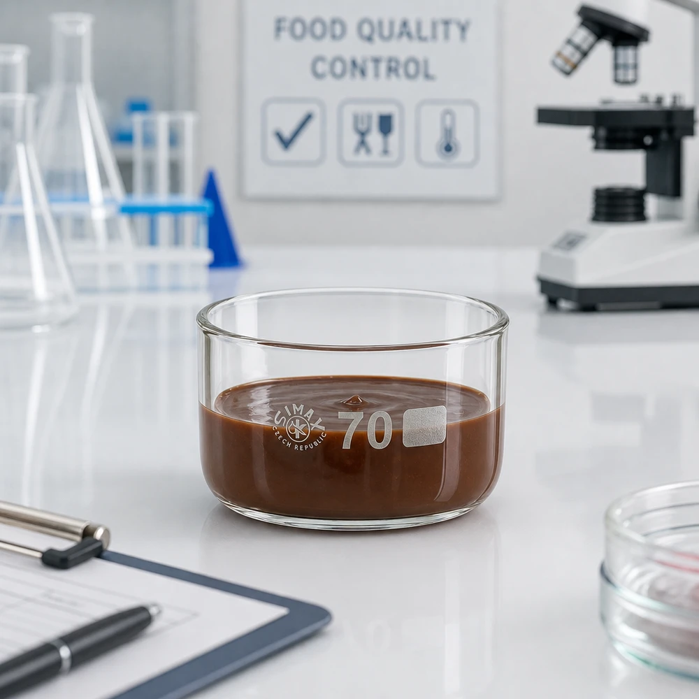 Piatto di cristallizzazione da 100 ml senza beccuccio Bo. ø70mm Vaschetta di cristallizzazione da 100 ml con pasta di cioccolato durante il controllo della qualità degli alimenti in laboratorio