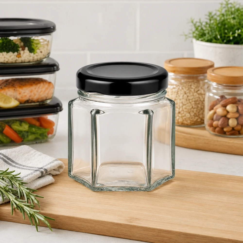 Barattolo hexa da 47 ml con coperchio BasicSeal nero UNiTWIST. Barattolo hexa vuoto da 47 ml con coperchio nero BasicSeal in una cucina moderna, accanto a barattoli e scatole per la preparazione dei pasti.