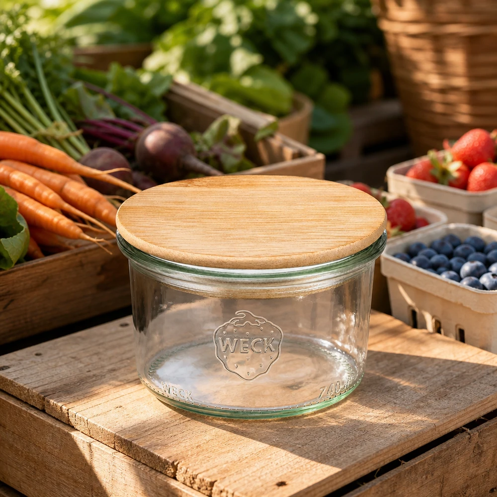 Bicchieri WECK RR80 da 200 ml con coperchio in legno in una scena di mercato rustica circondata da frutta e verdura fresca