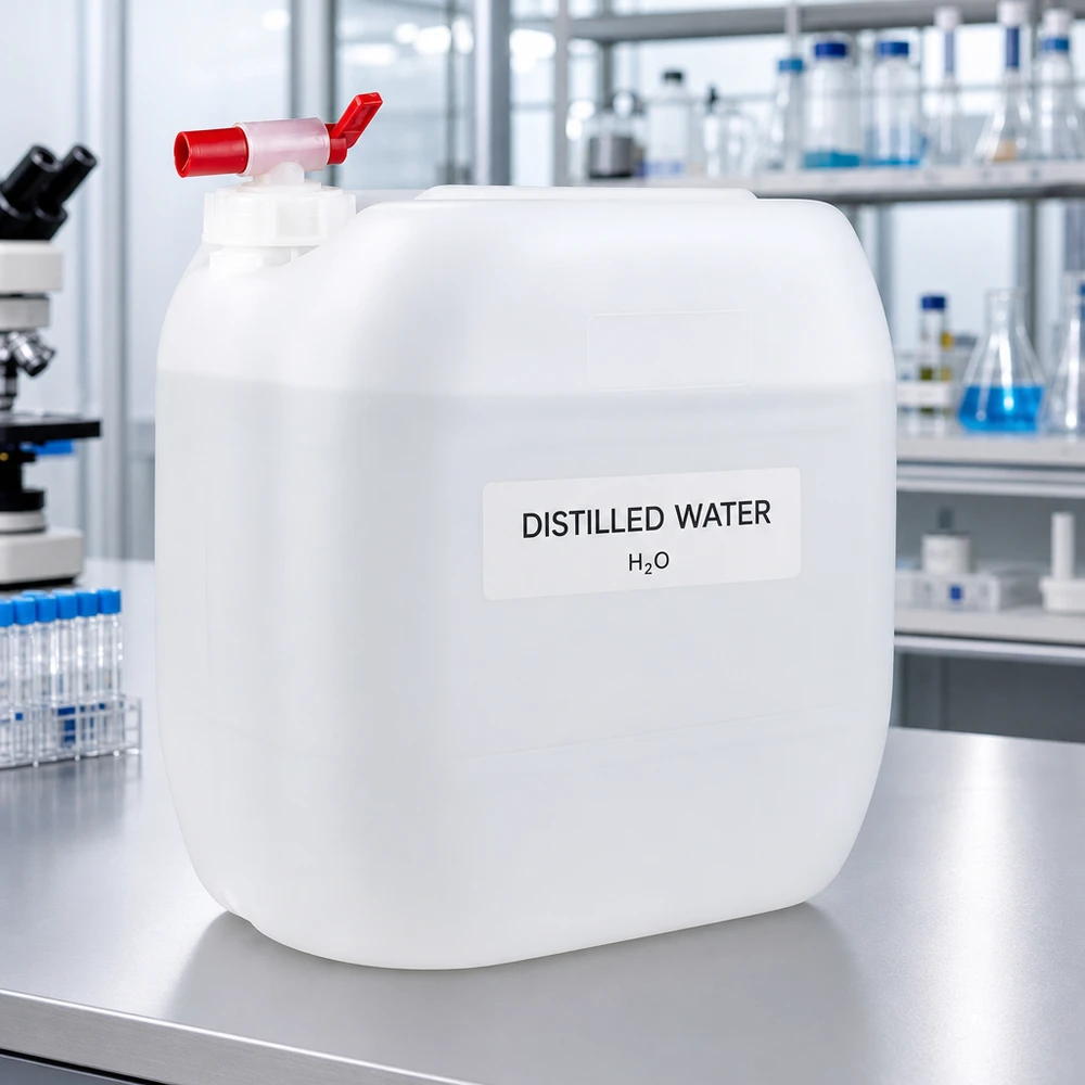 Tanica da 30 litri con rubinetto rosso ed etichetta “Acqua distillata” in ambiente di laboratorio