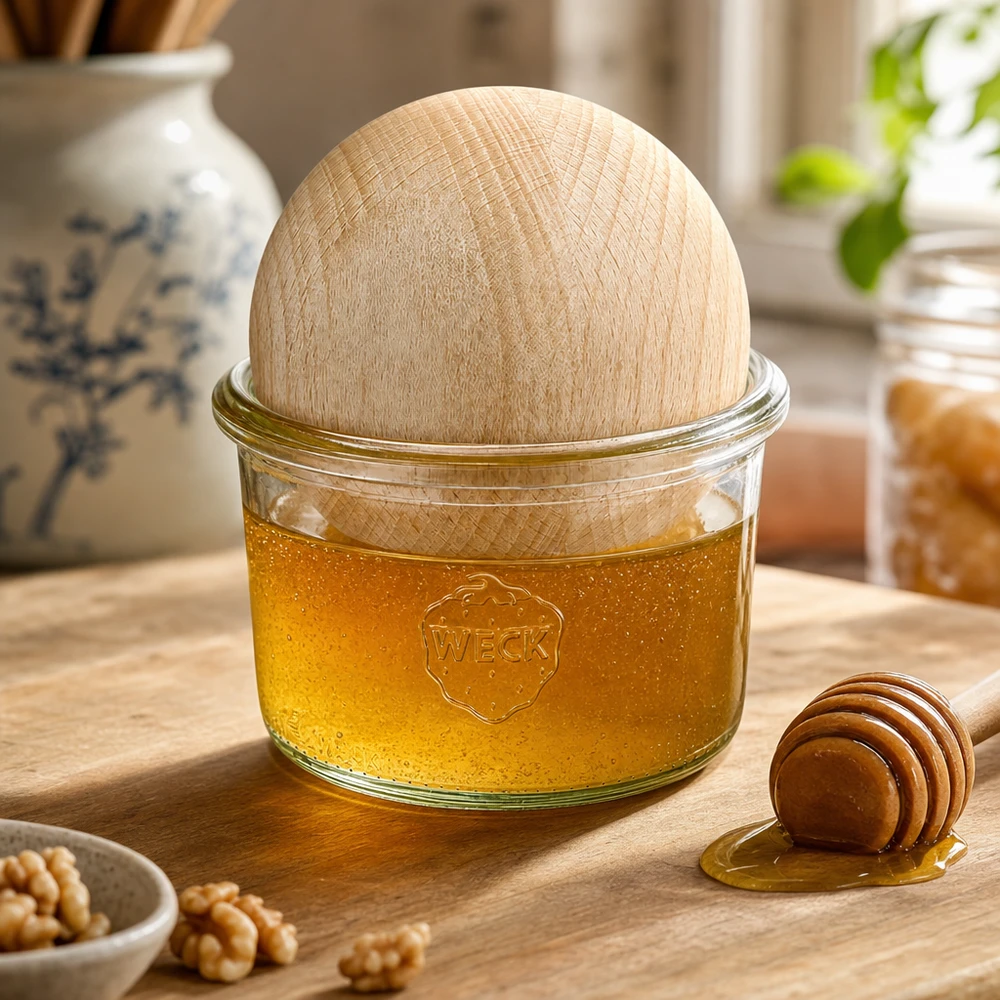 Bicchieri da 200 ml WECK RR80 con sfera di legno di faggio Bicchieri WECK da 200 ml con sfera di faggio riempita di miele, cucchiaio da miele e noci su un tavolo di legno in una calda cucina