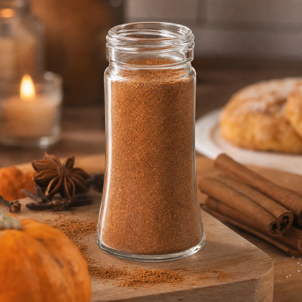 Barattolo per sale/spezie Bobby 95ml, filo 41mm vetro trasparente Barattolo per spezie Bobby da 95 ml riempito con miscela di spezie per zucca, accanto a bastoncini di cannella e anice stellato