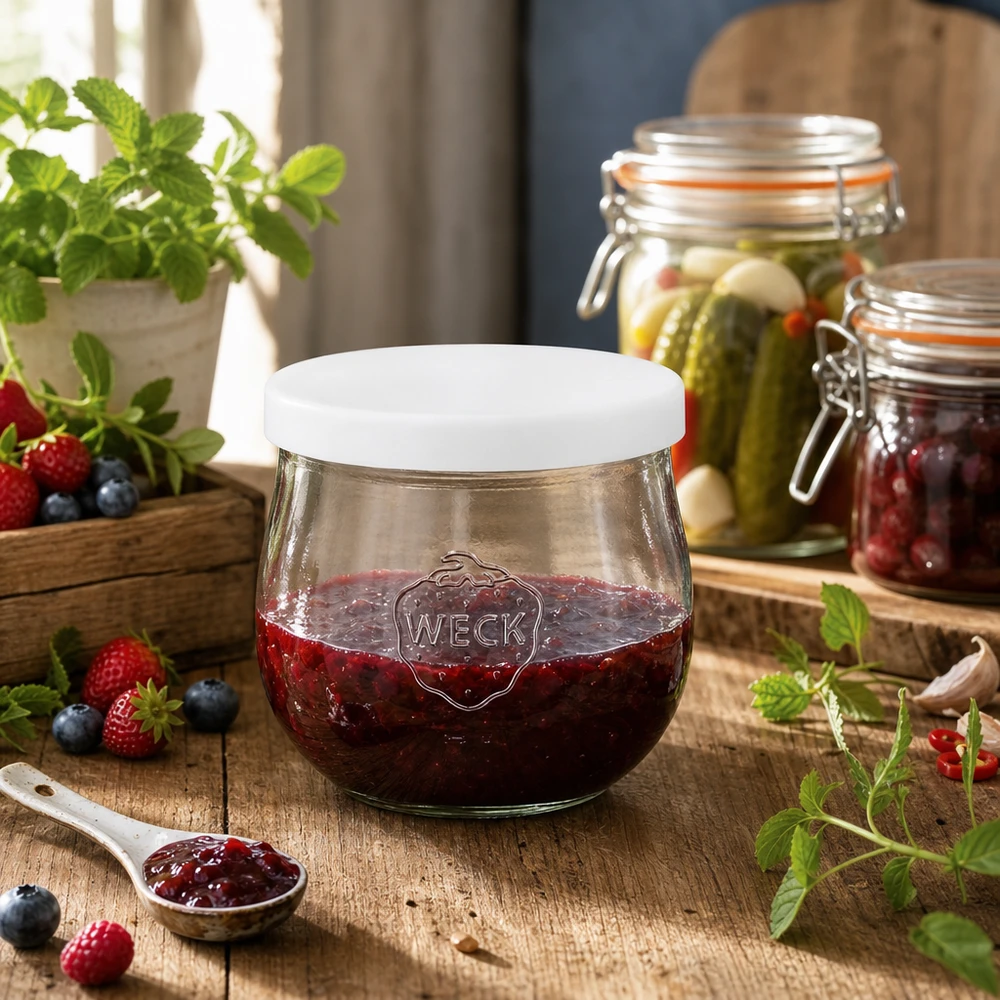 WECK barattolo a tulipano 370ml riempito con marmellata di bacche coperchio in silicone bianco conservazione marmellata barattolo cucina