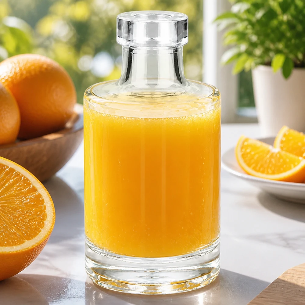Bottiglia in vetro da 100 ml Marie senza tappo UNiTWIST® Bottiglia di vetro da 100 ml di Marie riempita di succo d'arancia circondata da arance fresche e fette d'arancia su un tavolo di marmo
