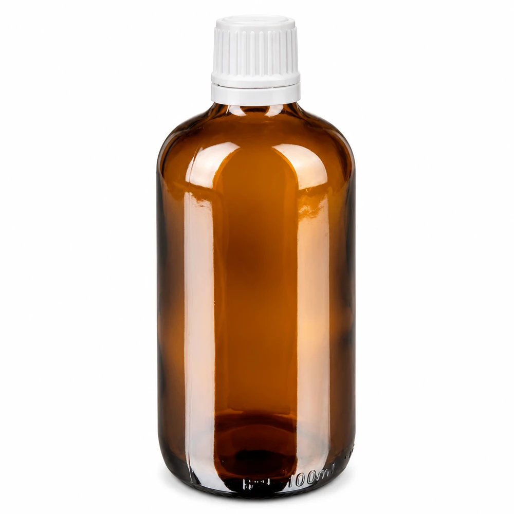 Flacone contagocce da 100 ml per uso farmaceutico in vetro ambrato con tappo OV bianco e contagocce da 0,7 mm
