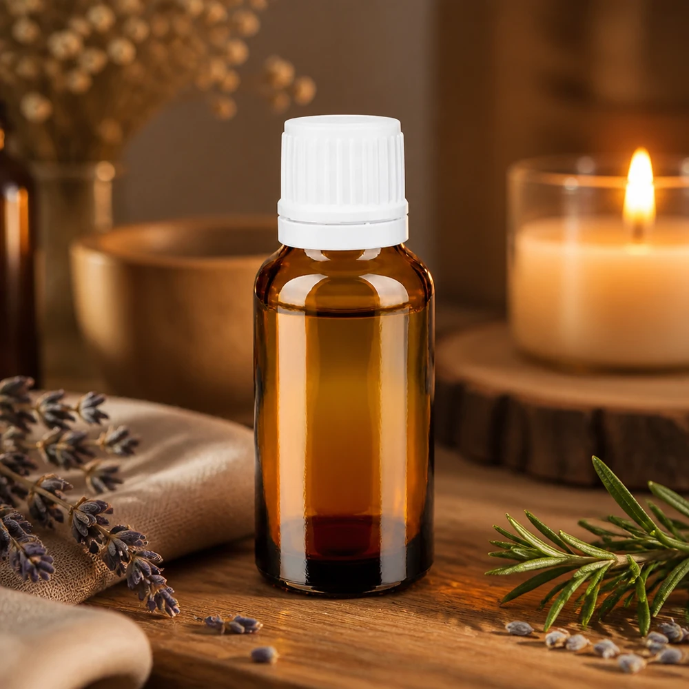 Piccolo flacone in vetro ambrato da 20 ml con tappo contagocce bianco, circondato da lavanda e rosmarino