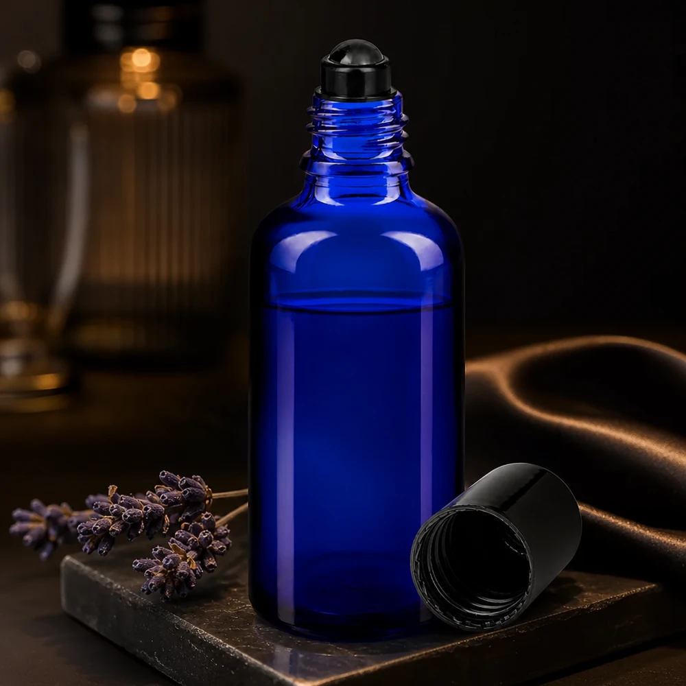 Flacone roll-on 50ml blu STD nero ApoGlas Flacone roll-on da 50 ml blu cobalto in vetro con protezione UV, con applicatore a sfera nero e decorazione alla lavanda