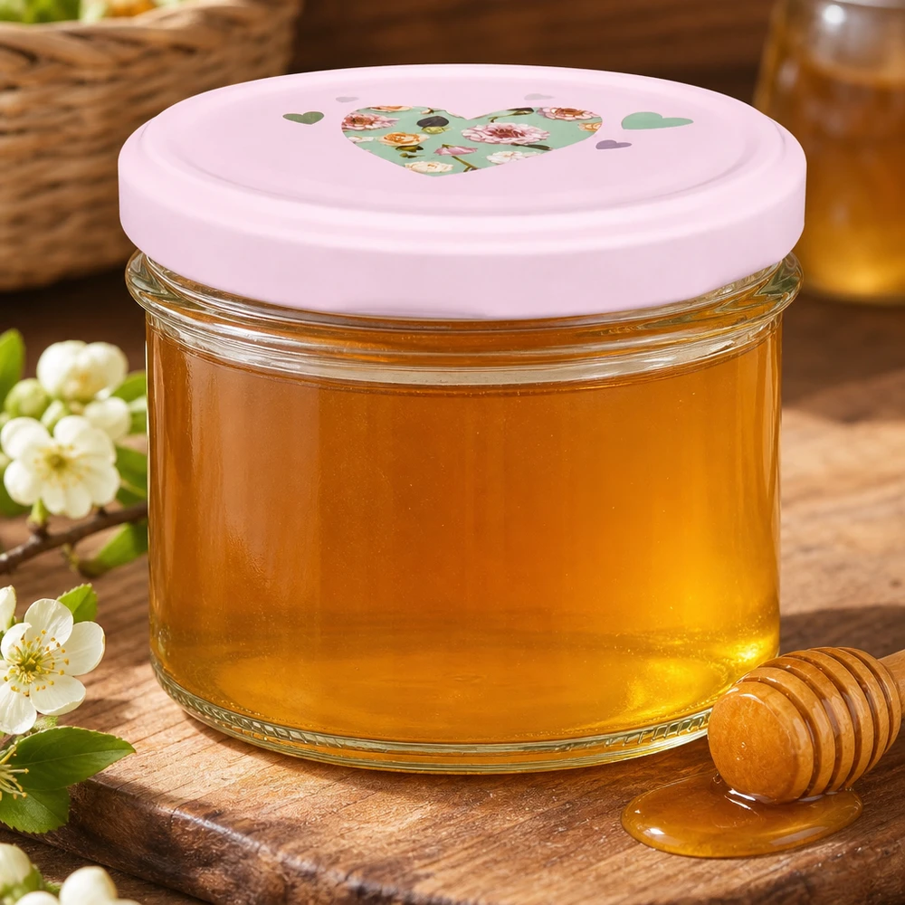 Bicchieri da 225 ml + coperchio BasicSeal cuore rosa UNiTWIST Miele dorato in un vaso da 225 ml con coperchio a cuore BasicSeal rosa, su una tavola di legno con cucchiaio da miele e fiori.