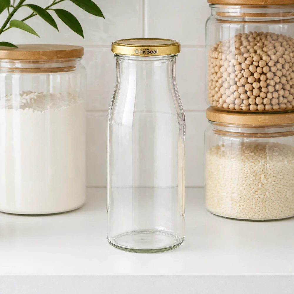 UNiTWIST Bottle150 con coperchio dorato. Coperchio TO43 BioSeal Bottiglia di vetro UNiTWIST vuota da 150 ml con tappo BioSeal dorato in cucina tra i barattoli di stoccaggio con gli alimenti