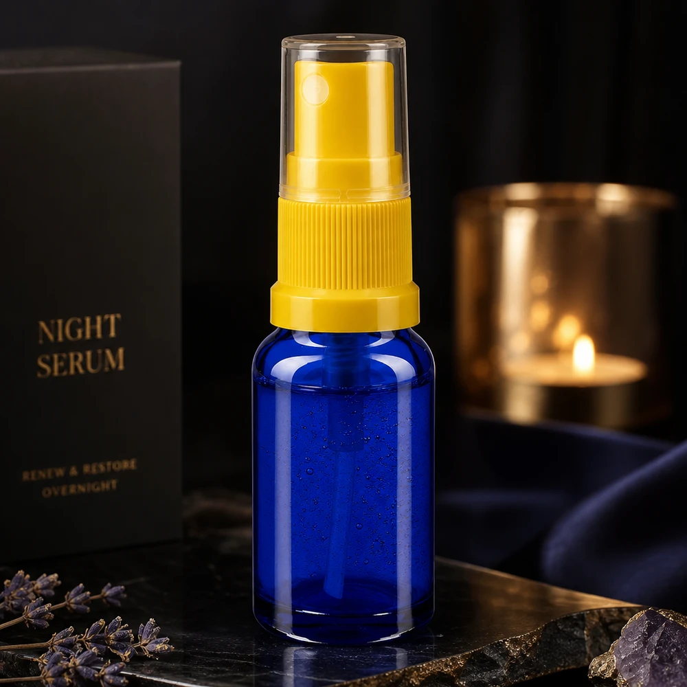 Flacone spray blu da 10 ml in vetro da farmacia con erogatore giallo e tappo trasparente