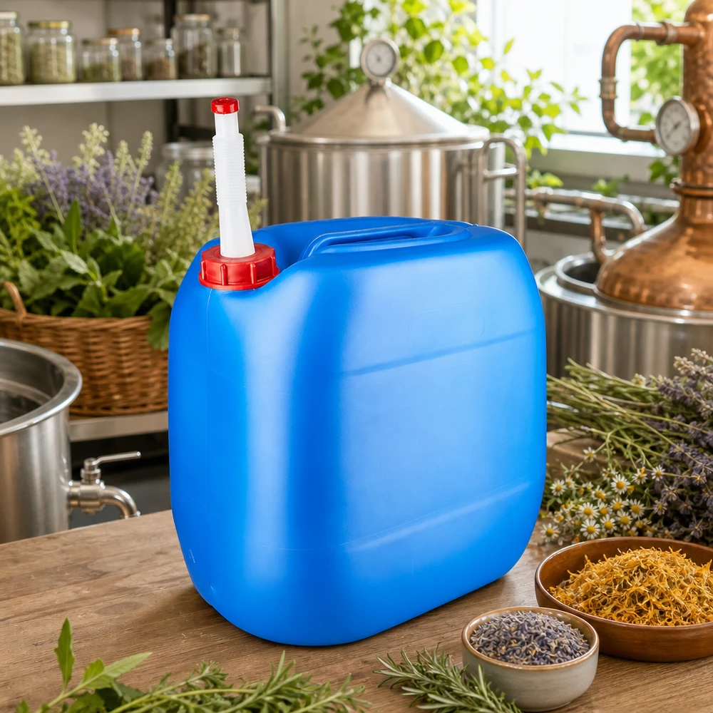 Tanica 30 litri blu con tubo di uscita Flex Tanica di plastica blu da 30 litri con tubo di scarico accanto all'impianto di distillazione e alle erbe fresche