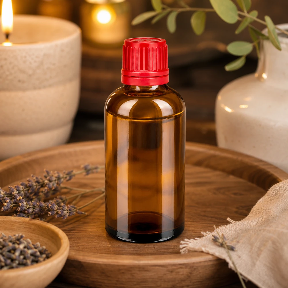 Bottiglia da 50ml 11mm SV rosso OV BrownLine UT18/50 Flacone da farmacia da 50 ml protetto dalla luce con tappo a vite rosso ergonomico per le gocce