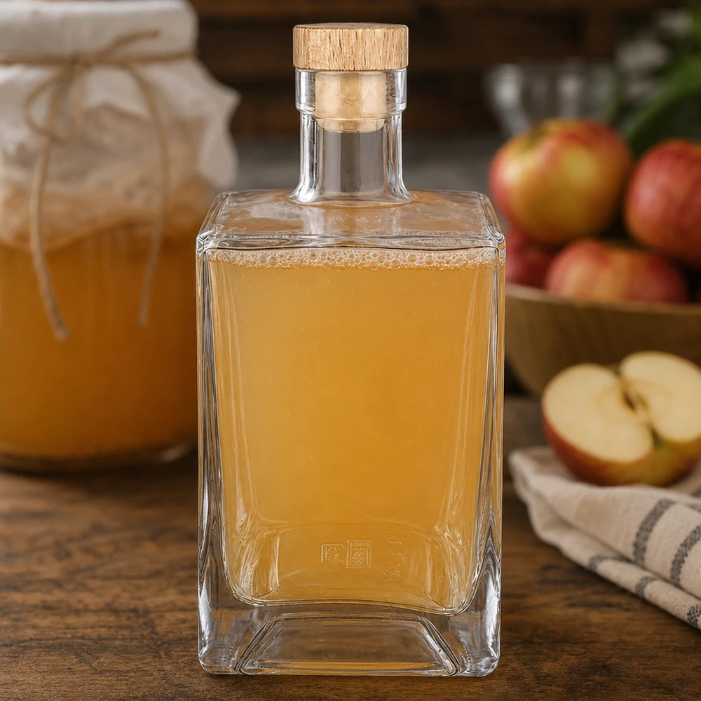 Bottiglia di vetro da 700 ml Ben riempita di acquavite di mele accanto a mele fresche Scenario di cucina Tappo di legno Acquavite di frutta UNiTWIST
