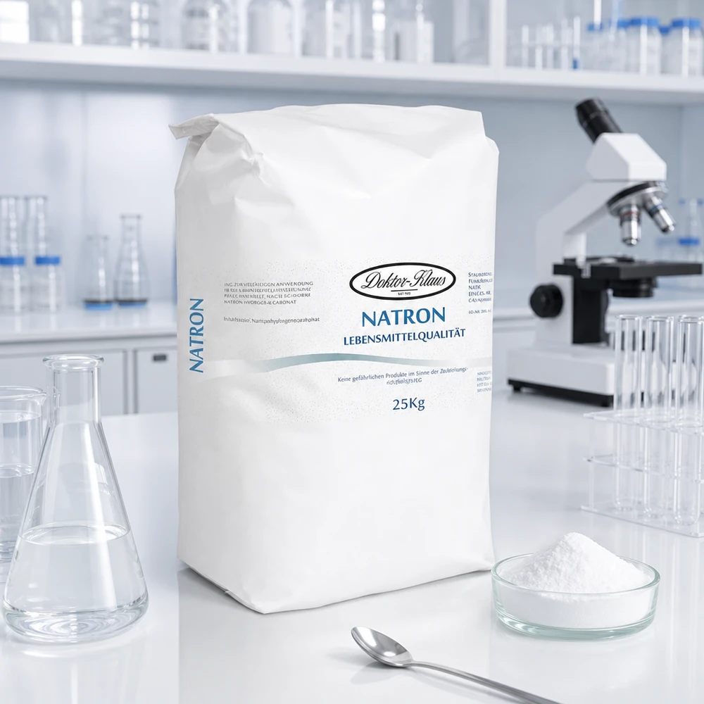 Sacco da 25 kg di bicarbonato di sodio in polvere (carbonato acido di sodio) Sacco di carta bianco da 25 kg di bicarbonato di sodio in polvere in ambiente di laboratorio per applicazioni chimiche professionali