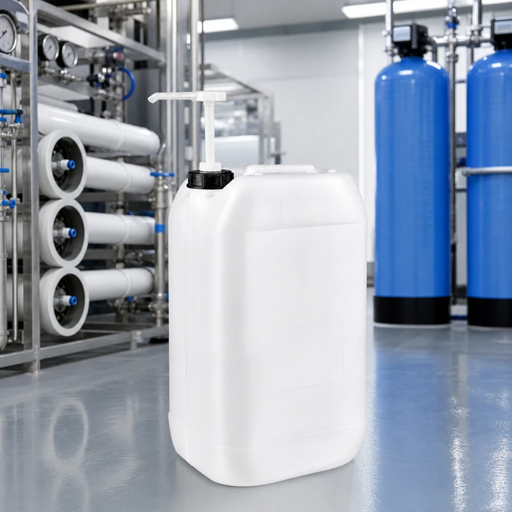 Tanica da 15 litri con pompa dosatrice Tanica da 15 litri con pompa dosatrice nell'impianto di trattamento dell'acqua, accanto alle membrane ad osmosi inversa