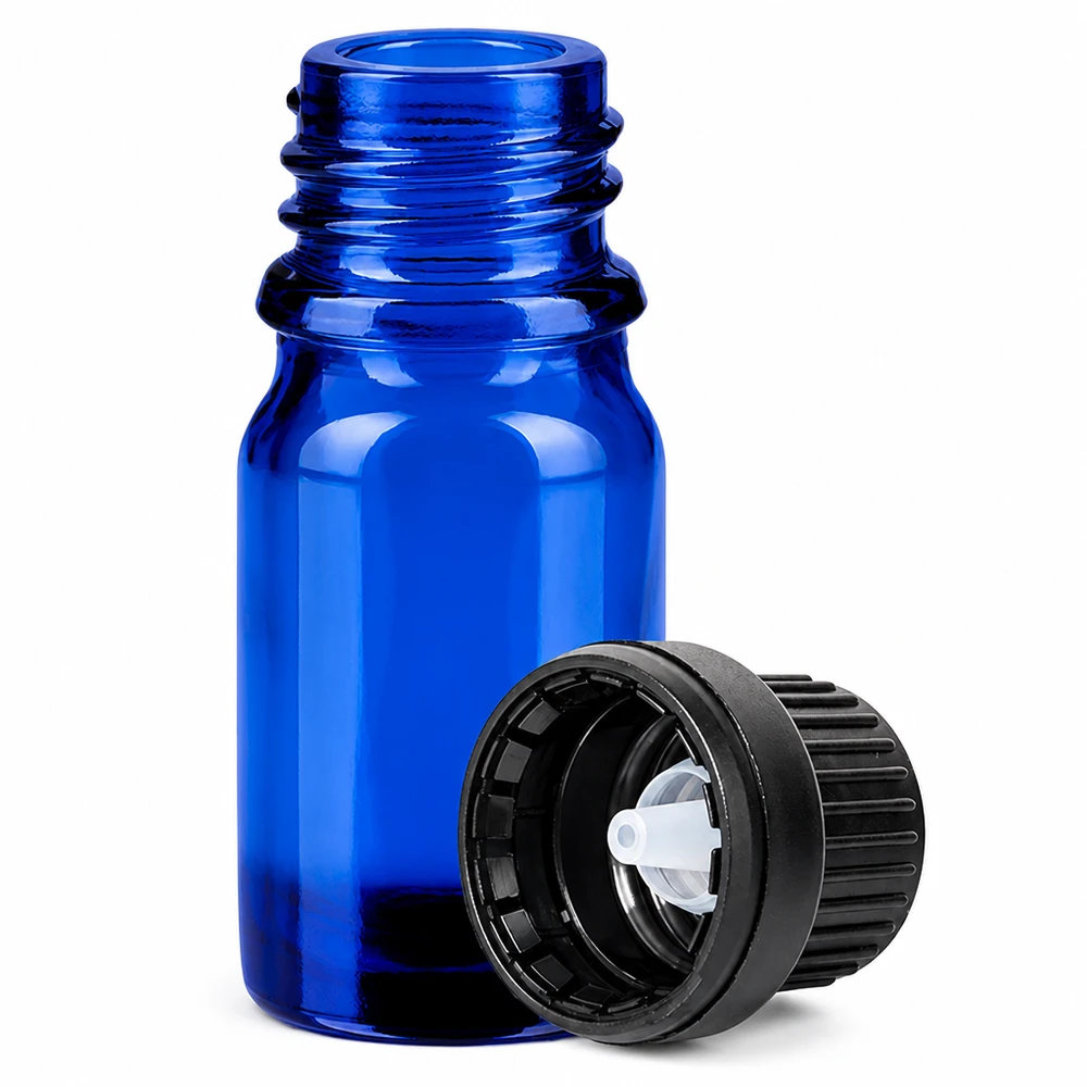 Flacone contagocce da 5 ml 2 mm nero OV BlueLine UT18/5 Flacone contagocce di alta qualità da 5 ml in vetro blu cobalto con tappo nero antimanomissione