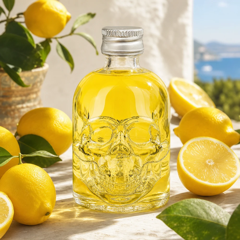 Bottiglia in vetro da 50 ml Hector con tappo a vite argento UNiTWIST® Bottiglia di vetro da 50 ml a forma di teschio Hector con contenuto giallo decorato tra limoni freschi su un tavolo di legno
