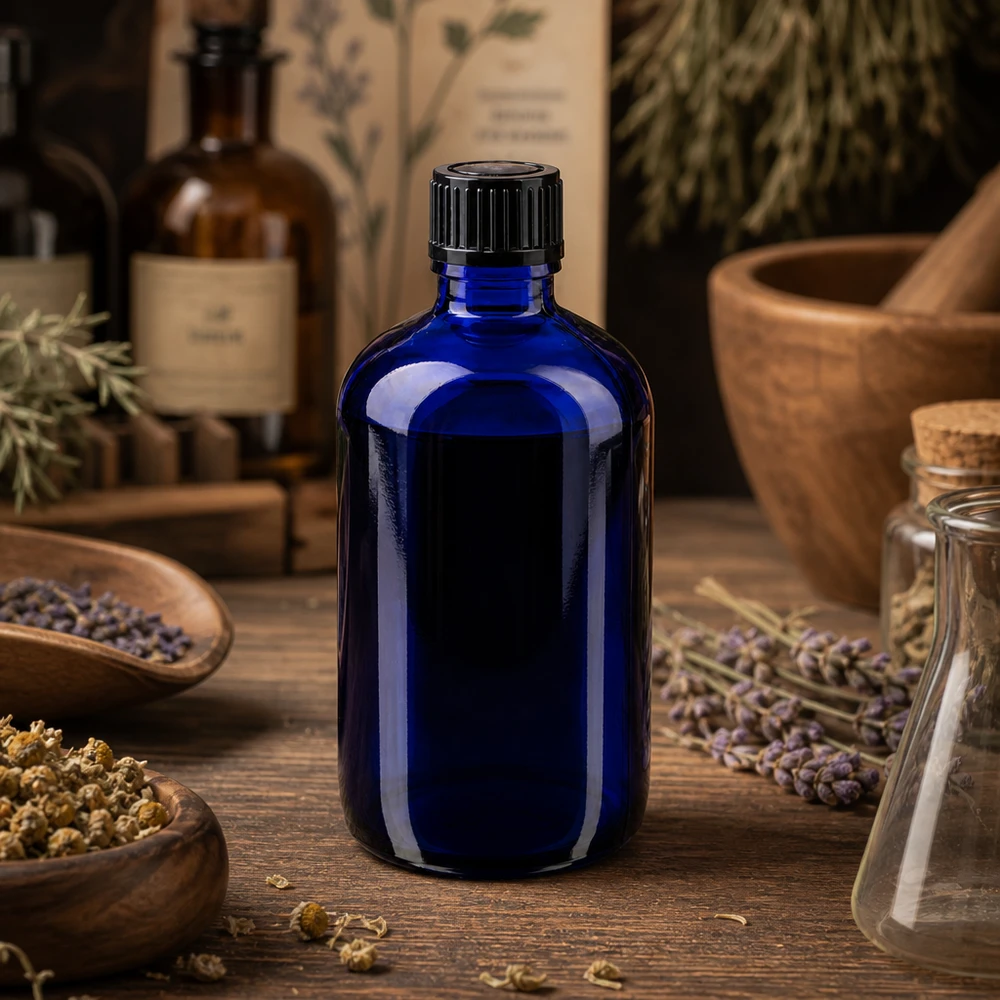 Flacone di vetro da 100 ml color blu cobalto con contagocce da 1 mm, tra erbe essiccate e un mortaio di legno