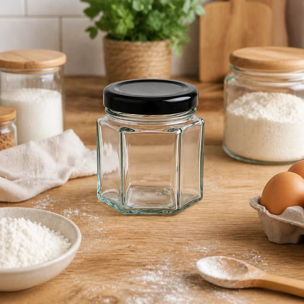 Barattolo hexa da 47 ml con coperchio BasicSeal nero UNiTWIST. Barattolo hexa da 47 ml con coperchio nero in cucina tra farina, uova e barattoli di stoccaggio sul piano di lavoro in legno