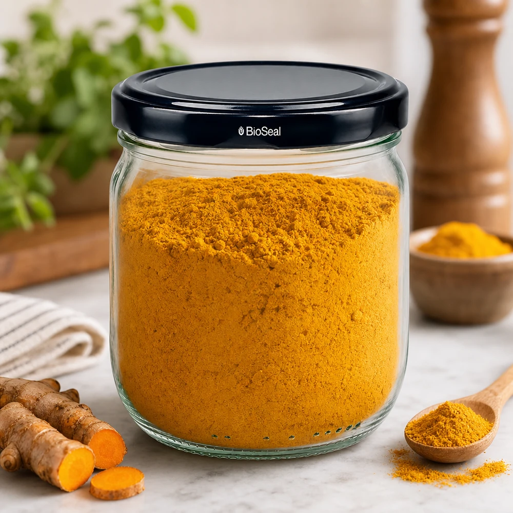 Un barattolo rotondo da 425 ml di BioSeal nero riempito di polvere di curcuma mostra la conservazione ermetica delle spezie.