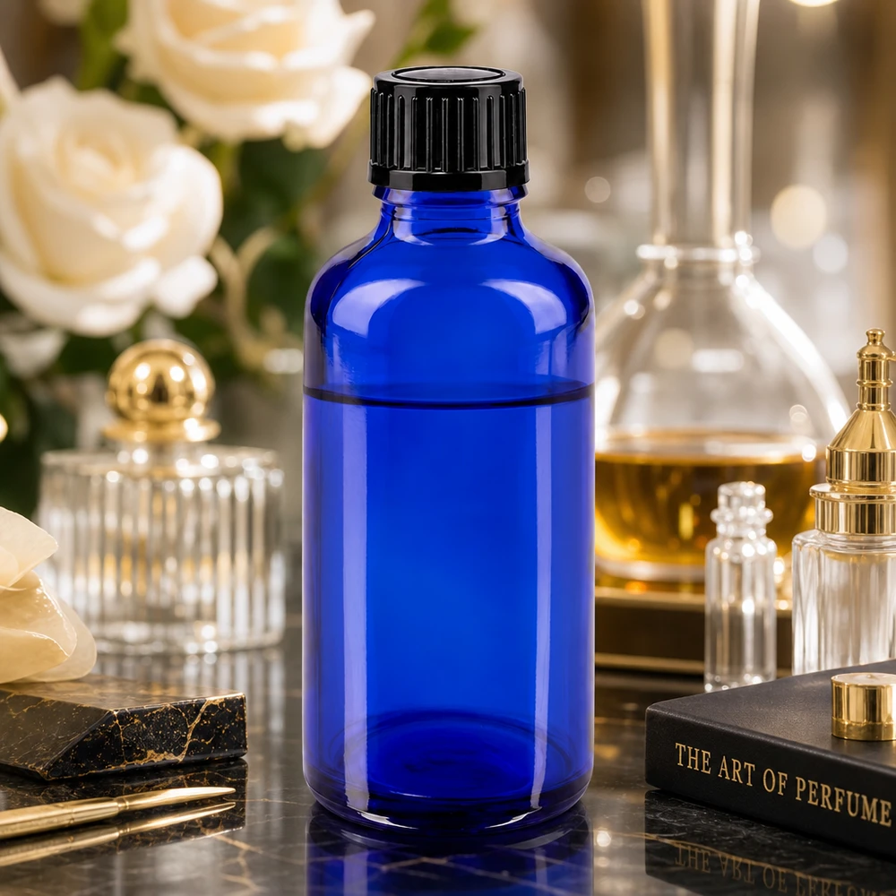 Bottiglia di vetro blu da 50 ml con tappo standard nero su un tavolo di marmo in un allestimento dedicato ai profumi