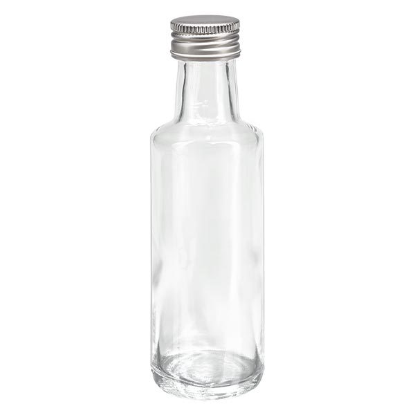 Bottiglia a vite da 100 ml rotonda trasparente con tappo argento. Chiusura