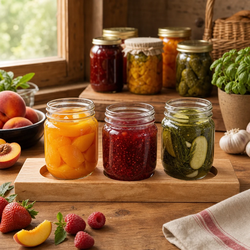 Tavola da portata in bambù Plano3 con tre vasetti WECK riempiti - marmellata, sottaceti e pesche in una cucina rustica