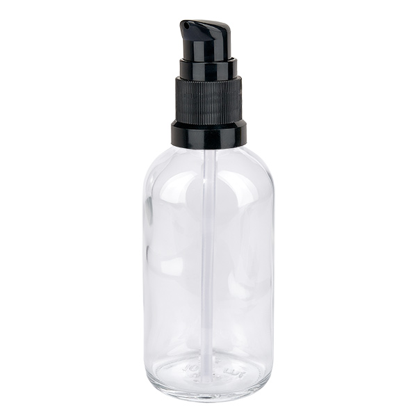 Flacone a pompa da 100 ml nero STD ClearLine UT18/100 Flacone in vetro da 100 ml con dosatore nero, serie ClearLine, flacone da farmacia trasparente