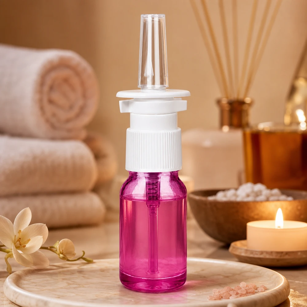 Flacone spray nasale da 10 ml bianco/trasparente standard PurpleLine. UT18/10 Flacone spray compatto in vetro 10ml viola con filettatura STD per soluzioni spray nasali sterili