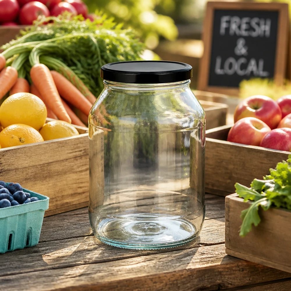 Barattolo rotondo da 2650 ml con coperchio BasicSeal nero UN... Leeres 2650ml Rundglas mit schwarzem Deckel zwischen frischem Obst und Gemüse auf Holztisch im Farmers Market Stil