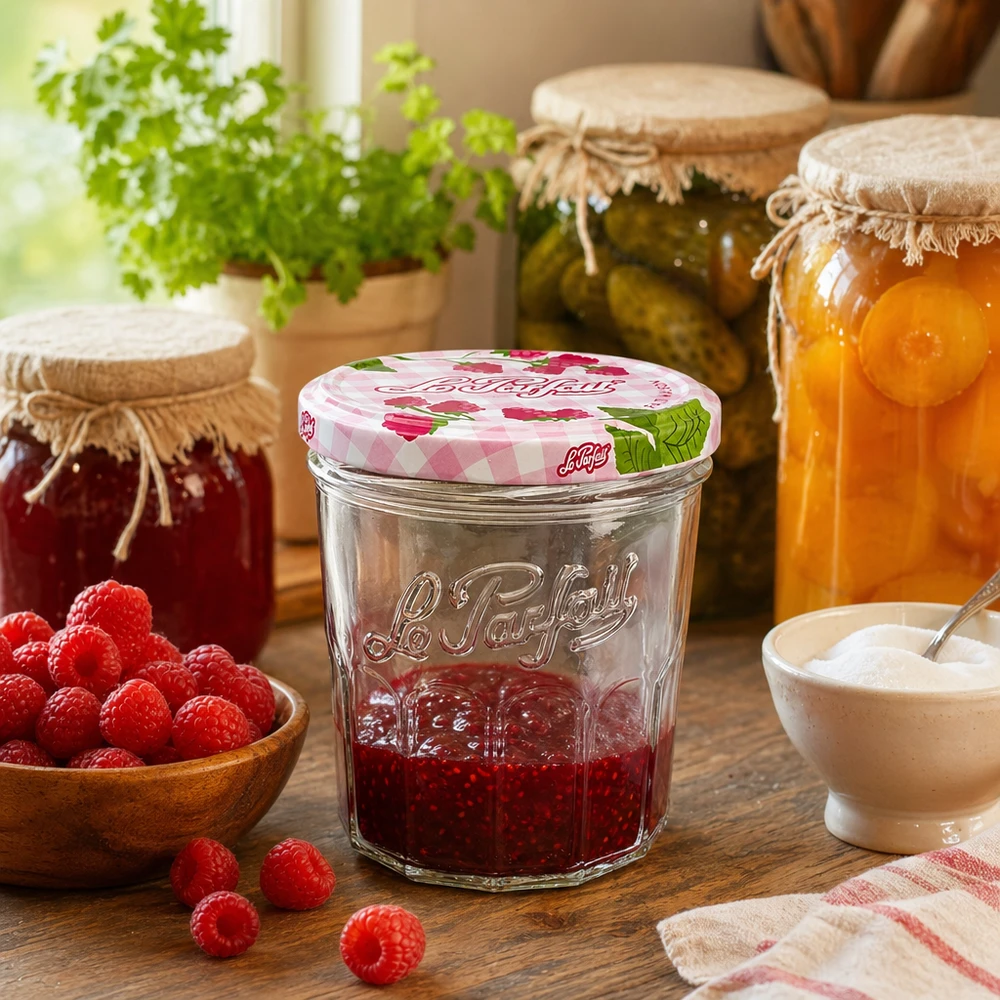 Vasetto Le Parfait da 324 ml con marmellata di lamponi in una cucina rustica, accanto ad altri vasetti per conserve ed erbe aromatiche