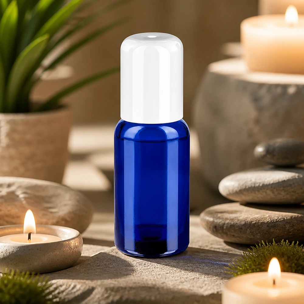 Flacone roll-on da 20 ml bianco STD BlueLine UT18/20 Flacone in vetro da 20 ml con sistema roll-on in blu per cosmetici professionali e miscele di aromi