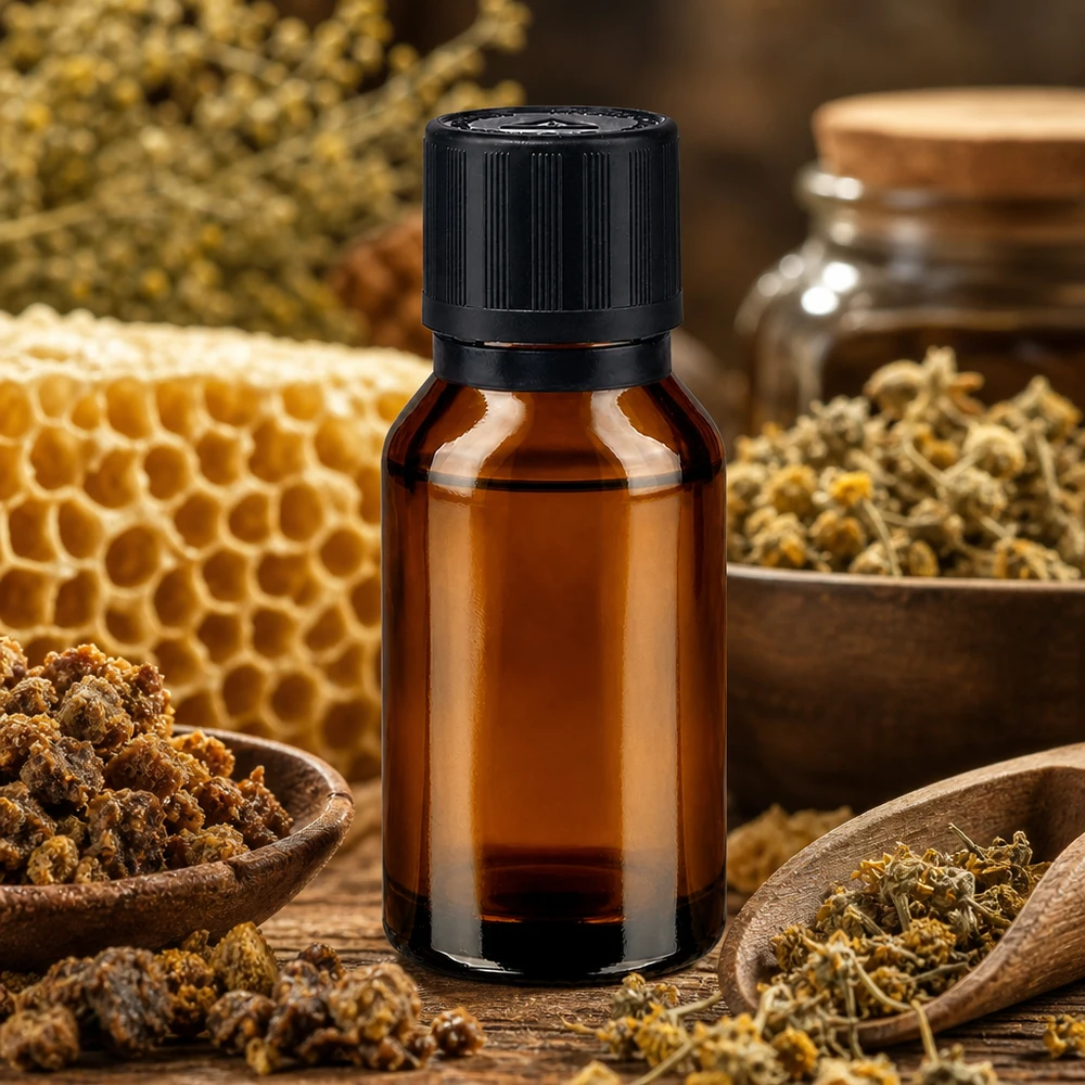 Flacone di vetro marrone da 15 ml con tappo contagocce, circondato da favi e erbe essiccate