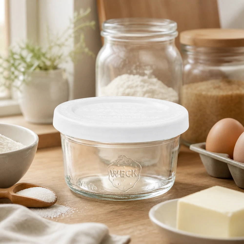 Bicchieri WECK RR60 da 50 ml con coperchio fresco in una cucina rustica tra ingredienti da forno, farina, uova e utensili in legno