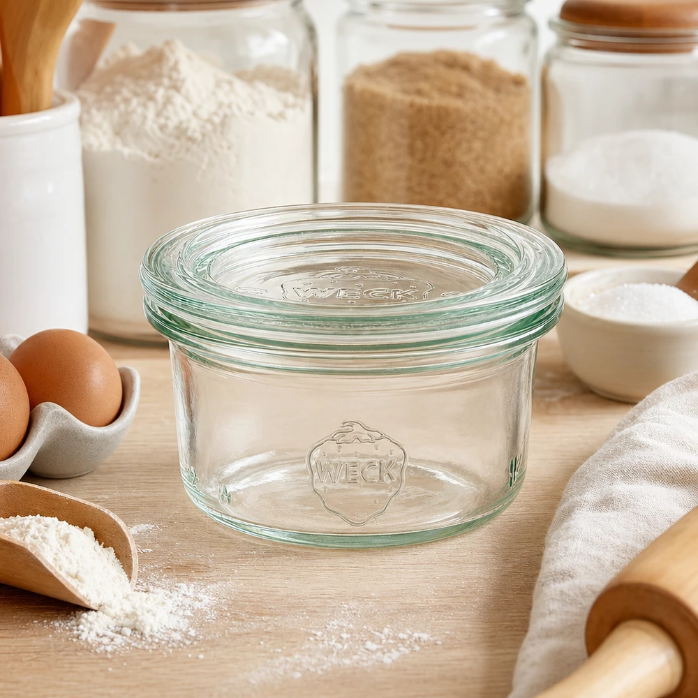 Bicchieri da 50 ml con coperchio in vetro WECK RR60 WECK tumbler 50ml RR60 in ambiente cucina con farina, uova e ingredienti da forno per una conservazione versatile