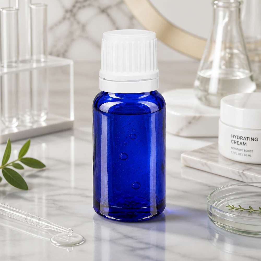 Flacone con protezione dalla luce da 10 ml, blu con tappo a vite bianco, su una superficie di marmo accanto a vetreria da laboratorio