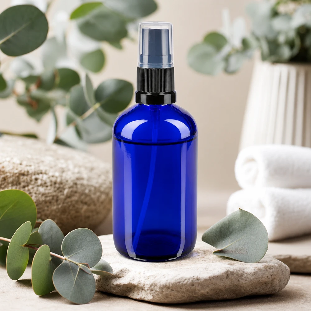 Flacone di vetro da 100 ml blu cobalto con erogatore a pompa nero, appoggiato su una pietra naturale con ramoscelli di eucalipto